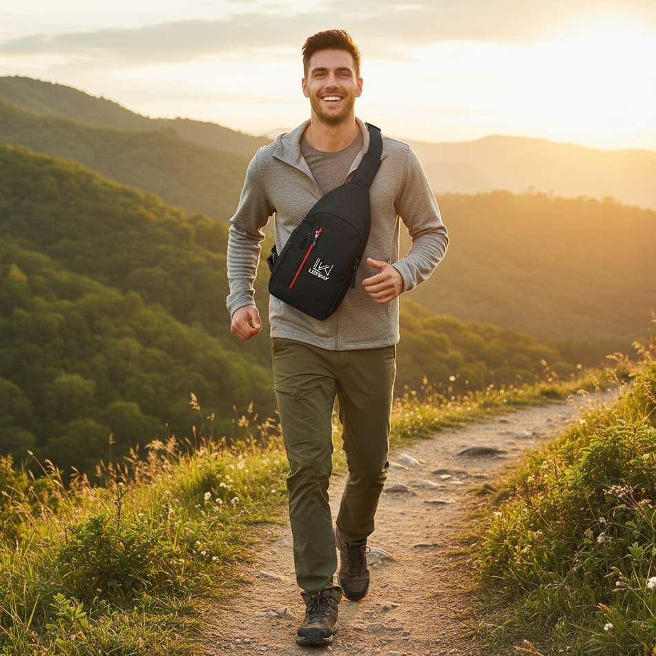 A black LEEWAY brand travel shoulder bag with a zipper, displayed on a red and white promotional background, with the text 'Travelling Shoulder Bag' and 'Your Travel Partner'.