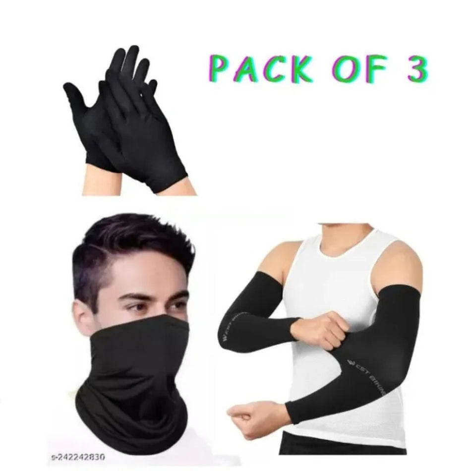 Leeway pack of cotton gloves black arm sleeves and neck mask gaiter