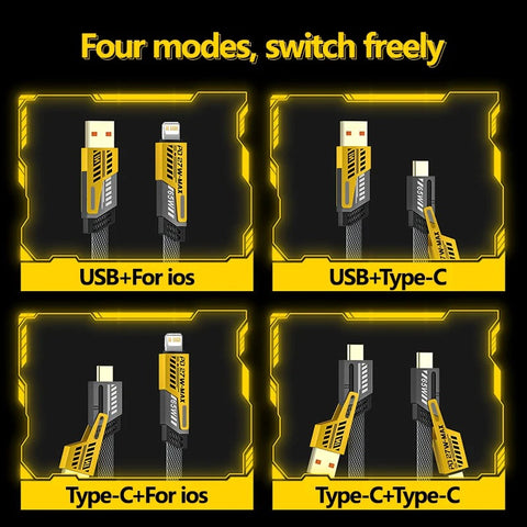 4 In 1 Data Cable Pack Of 2 – USB-C & Lightning Connectors, Braided Durable Design, Fast Charging