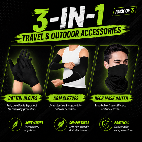 LEEWAY Pack of 3 Cotton Gloves, Arm Sleeves & Neck Mask Gaiter