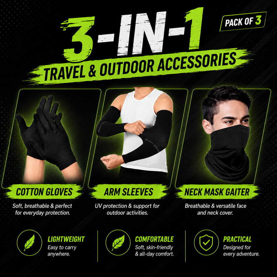 LEEWAY Pack of 3 Cotton Gloves, Arm Sleeves & Neck Mask Gaiter